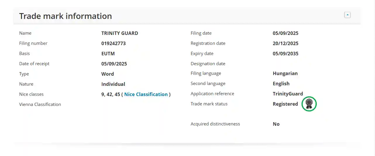 EUIPO 019242773 Trinity Guard védjegyoltalom hivatalos dokumentum