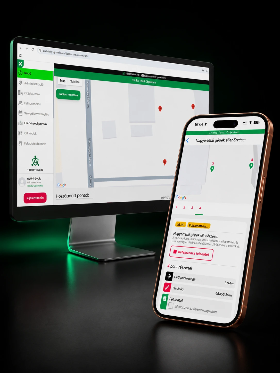 Trinity Guard digitális őrjárat ellenőrző rendszer webes és mobil felülete mockup nézetben