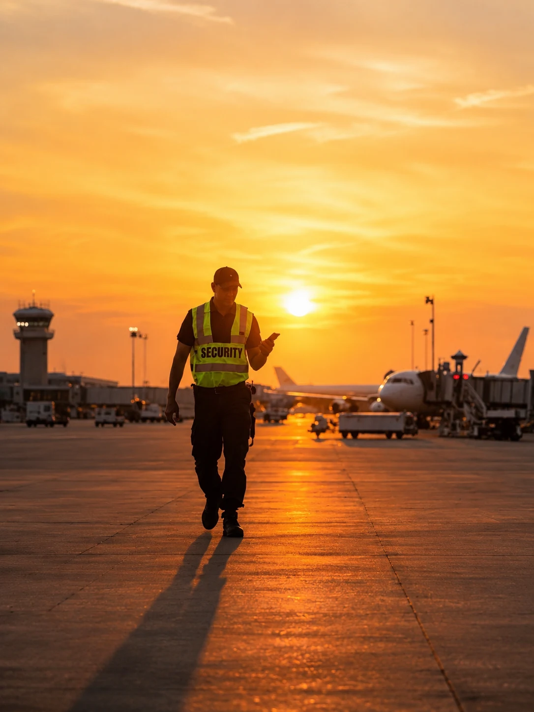 Agent de securitate pe aeroport folosind un smartphone pentru monitorizarea digitală a patrulelor cu Trinity Guard în România